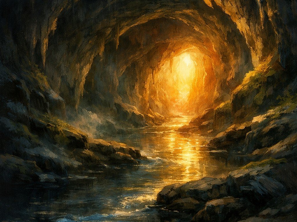 Creative Reflection artwork of a water stream winding through a rocky cave lit by a golden light in the distant.
