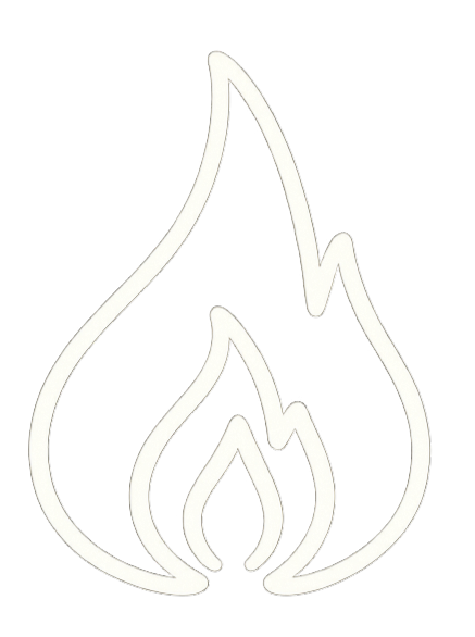 A minimalist flame outline drawn with smooth white lines on a transparent background. The design features three nested flame shapes, symbolizing fire in a clean, modern style.
