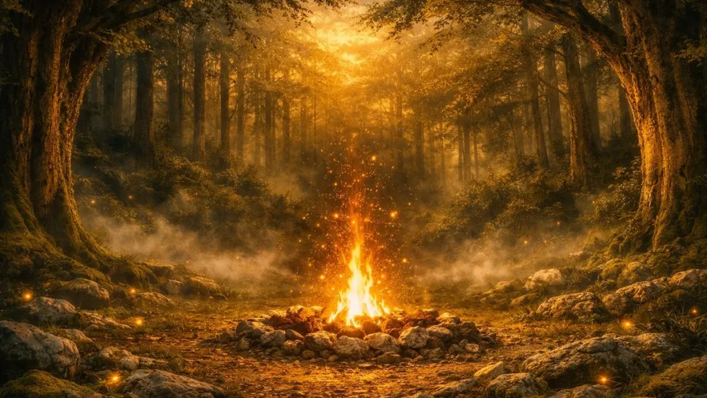 A bright campfire glows orange and red at the centre of a dense forest, illuminating tall tree trunks and the rocky, leaf‑covered ground.