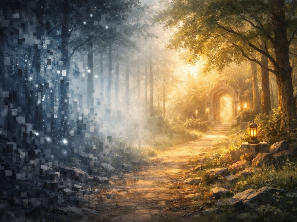 A Creative Reflection artwork of a forest path with a pixelated digital effect on the left and a golden, lantern-lit forest with a stone archway on the right.