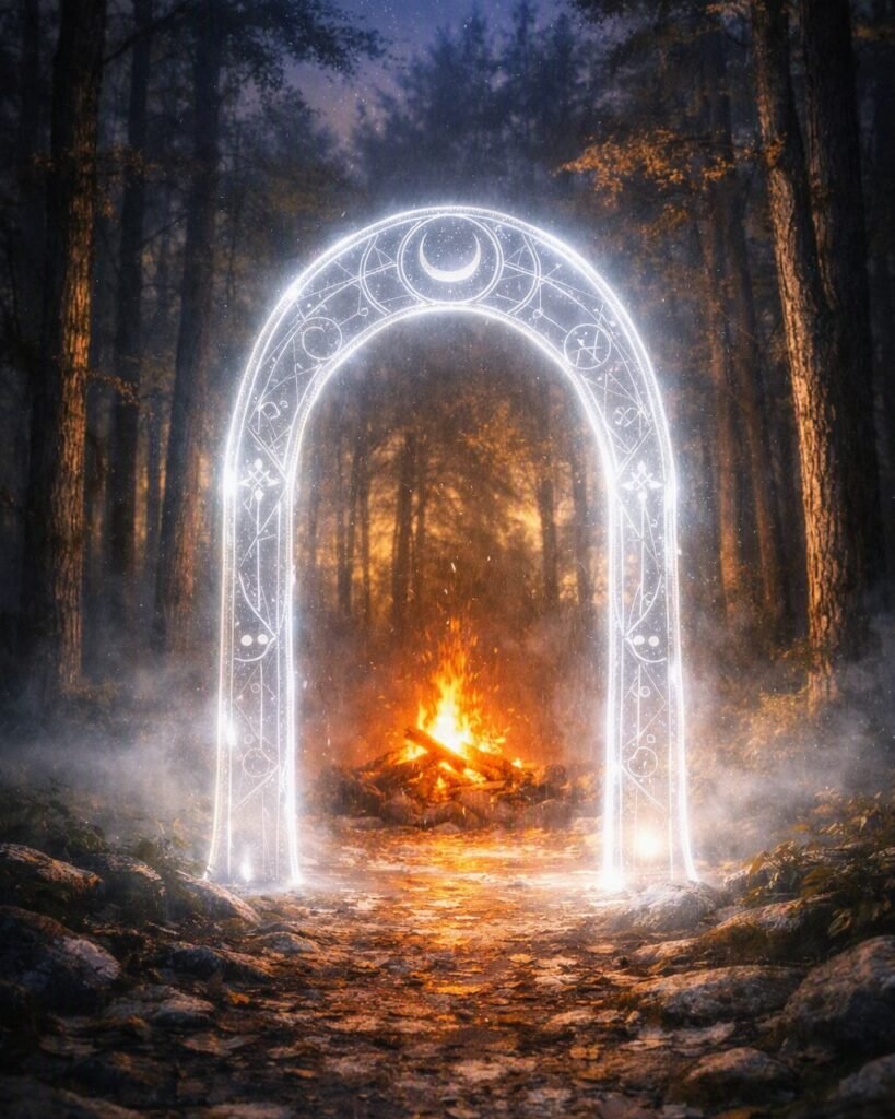 Semi‑transparent silver‑white archway glowing with geometric carvings stands before a campfire in a misty twilight forest, symbolising the Sanctuary Podcast’s mythic reflections and spoken Sparks. Cool silver light meets warm ember glow, evoking calm storytelling, symbolic language, and inner‑world insight.