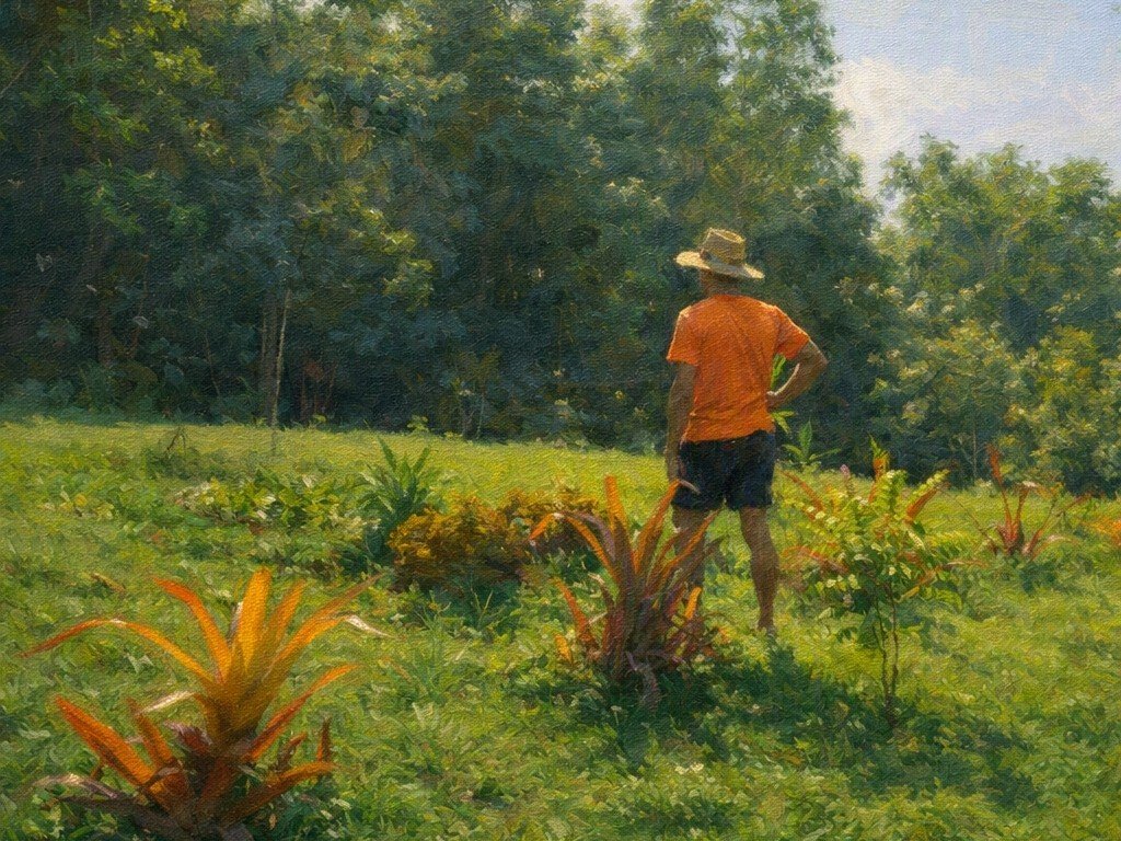 Painterly 4:3 image of a man in an orange shirt and straw hat standing on a grassy hill in a tropical rainforest clearing, surrounded by vibrant green plants and orange‑red bromeliads. Sunlight filters through the trees as he looks toward the dense forest, capturing the quiet beginnings of Mythic Living in the rainforest by the sea.