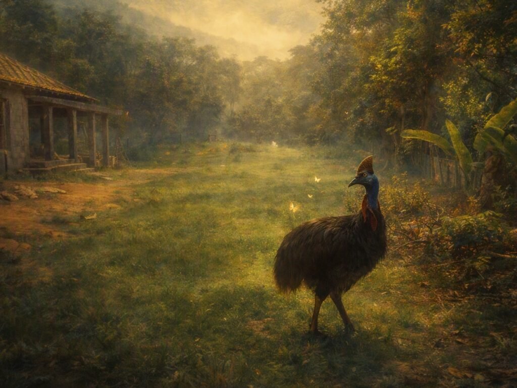 Painterly mythic digital artwork of a cassowary standing in a lush tropical sanctuary landscape. The scene glows with soft golden light and misty atmosphere, showing the cassowary’s vivid blue head and dark plumage.
