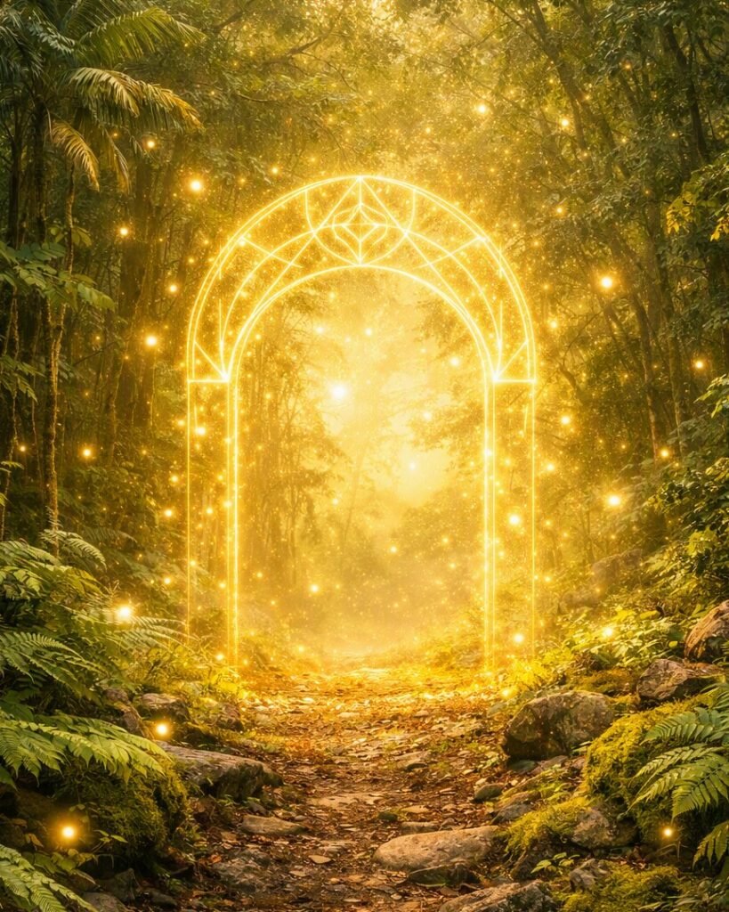 Glowing golden archway with geometric carvings stands in a misty forest path. Semi‑transparent light structure radiates sparks through moss and ferns, representing the moment of creative ignition in Mythic Sparks.