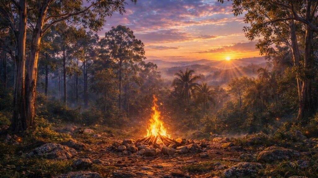 Campfire glowing in an Australian bush setting at sunrise, surrounded by eucalyptus and gum trees with tropical palms in the misty background. Warm orange flames flicker among stones and logs, casting golden light across mossy rocks and green foliage in the rainforest clearing.